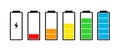 Battery charge indicator icons set. Charging level full power low to high up and electric plug. Gadget energy status Royalty Free Stock Photo