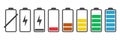 Battery charge indicator icons set. Charging level full power low to high up and electric plug. Gadget energy status vector illust