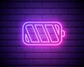 Battery charge neon icon. Charger glowing sign. Vector symbol of charging battery isolated on brick wall Royalty Free Stock Photo