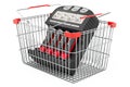 Battery charger inside shopping basket, 3D rendering