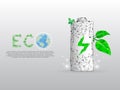 Battery Charging ECO energy, planet Earth with a green leaf that grows of it. Low poly wireframe, polygonal vector