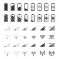 Battery and connection icons. Smartphone charge level, wifi and gsm signal strength, battery energy full and empty