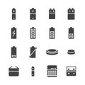 Battery flat glyph icons. Batteries varieties illustrations - aa, alkaline, lithium, car accumulator, charger, full