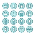 Battery flat line icons. Batteries varieties illustrations - aa, alkaline, lithium, car accumulator, charger, full