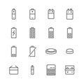 Battery flat line icons. Batteries varieties illustrations - aa, alkaline, lithium, car accumulator, charger, full Royalty Free Stock Photo