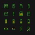 Battery flat line icons. Batteries varieties illustrations - aa, alkaline, lithium, car accumulator, charger, full