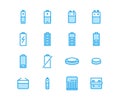 Battery flat line vector icons. Batteries varieties illustrations - aa, alkaline, lithium, car accumulator, charger