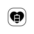 Battery health icon vector. Charging heart logo in square line