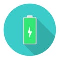 Battery icon flat design green color on blue circle full level with shadow Royalty Free Stock Photo