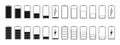 Battery icons. Full or low charge of phone. Symbol of charger. Power of mobile lithium accumulator. Recharge capacity of battery.