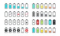 Battery icons. Phone charge level, UI design elements of battery percentage, full low and empty battery status. Vector