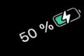 Battery level indicator charging process - white number - fifty, 50 percent