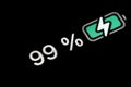 Battery level indicator charging process - white number: ninety-nine, 99 percent