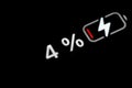 Battery level indicator charging process - white pixel number - four, 4 percent