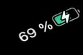 Battery level indicator charging - white pixel number - sixty nine, 69 percent