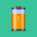 Battery level indicator vector icon in flat style. Glossy transparent Battery with lightning on green background. Royalty Free Stock Photo