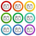 Battery, power storage vector icons, flat design colorful web buttons Royalty Free Stock Photo