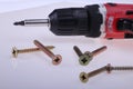 A battery powered screw gun drill next to a pile of screws on a white background text or copy space to the right, home improvement