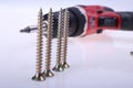 A battery powered screw gun drill next to a pile of screws on a white background text or copy space to the right, home improvement