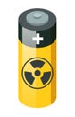 Battery with radioactive warning yellow circle sign. Radioactivity warning vector symbol