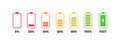 Battery recharge icon set. Vector flat illustration. Red to yellow and green color icons isolated on white background. Percentage