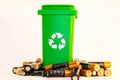 Battery recycle concept of trashcan filled with batteries Royalty Free Stock Photo