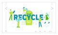 Battery Recycle Landing Page Template. Tiny People Characters Put Huge Batteries Trash to Container