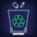 Battery recycling waste sorting container icon glow neon style, environmental protection label flat vector illustration, isolated Royalty Free Stock Photo