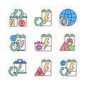 Battery reuse RGB color icons set