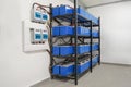 Battery room, rows of batteries in industrial backup power system Royalty Free Stock Photo