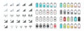 Battery and signal icons. Line and black phone charge status, gsm and wifi signal strength, smartphone UI symbols