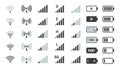 Battery and signal icons. Smartphone charge status, gsm and wifi signal strength. Vector phone battery charge level