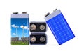 Battery with solar panels and wind turbines isolated on white background. Royalty Free Stock Photo