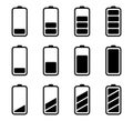 Battery status icon. Phone battery icon set. Mobile battery level in black. Phone charge indicator in black. Stock vector