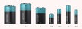 Battery types. Realistic electric alkaline cells. 3D different size or capacity accumulators in row. Black cylinders with blue