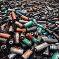 Battery waste danger: pile of old, used EV car batteries hazardous waste Royalty Free Stock Photo