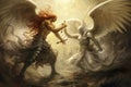 Battle between an angel and a demon. This artwork brings to life the eternal struggle between good and evil, showcasing the