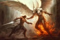 Battle between an angel and a demon. This artwork brings to life the eternal struggle between good and evil, showcasing the