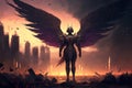 Battle archangel warrior in armor. Big wings on his back, Angel of revenge on battlefield. Messenger of God. 3d illustration