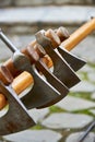 Battle axes of ancient warriors on a stand. The battle axe is an effective melee weapon of medieval warriors Royalty Free Stock Photo