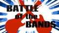 Battle of the bands music event promotional poster vector illustration of two red guitars clash over white and blue starbust