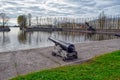 Battle cannon on the waterfront in Kronstadt.