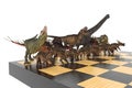 Battle of different dinosaurs on a chessboard