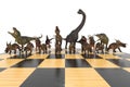 Battle of different dinosaurs on a chessboard