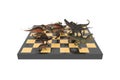 Battle of different dinosaurs on a chessboard