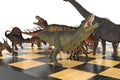 Battle of different dinosaurs on a chessboard