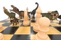 The battle of dinosaurs with chess on a chessboard