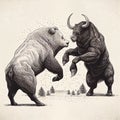 The battle of the bull and the bear, black and white illustration, engraving style