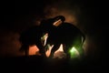 Battle of Elephants. Elephant fighing silhouettes on fire background or Two elephant bulls interact and communicate while play fig Royalty Free Stock Photo