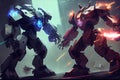 a battle of epic proportions between two futuristic robots, with each using its unique abilities to defeat the other